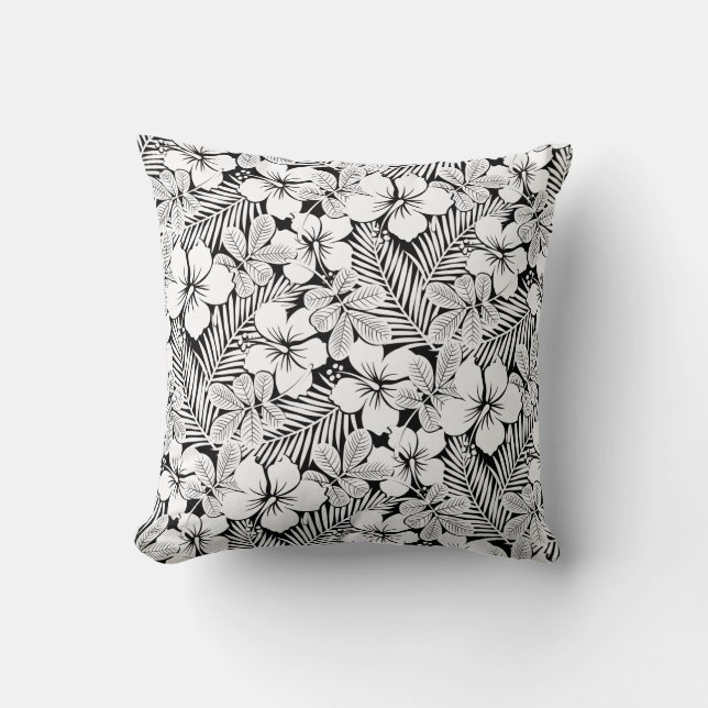 White hibiscus and palm leaves throw pillow (Front)