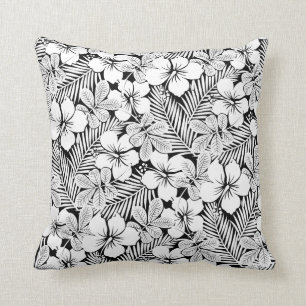 White hibiscus and palm leaves throw pillow