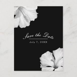 White Hibiscus Black Tropical Chic Save the Date Announcement Postcard