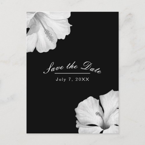 White Hibiscus Black Tropical Chic Save the Date Announcement Postcard