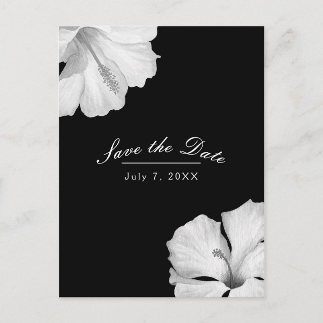 White Hibiscus Black Tropical Chic Save the Date Announcement Postcard (Front)