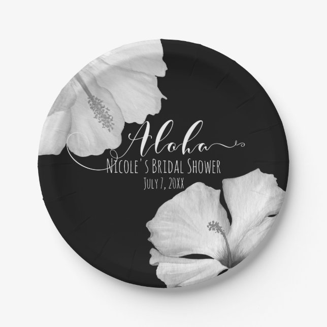 White Hibiscus Black Tropical Wedding Aloha Paper Plates (Front)