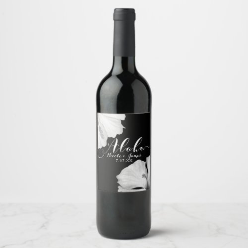 White Hibiscus Black Tropical Wedding Aloha Wine Wine Label
