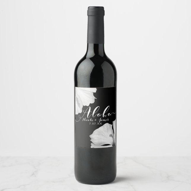 White Hibiscus Black Tropical Wedding Aloha Wine Wine Label (Front)