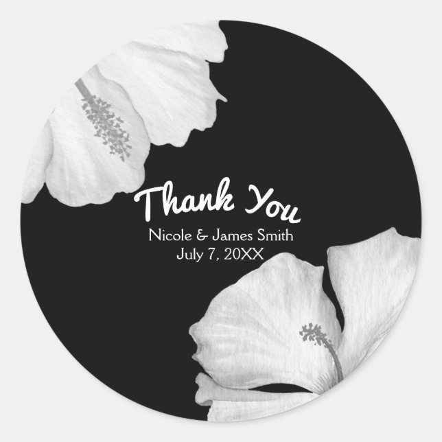 White Hibiscus Black Tropical Wedding Favor Classic Round Sticker (Front)