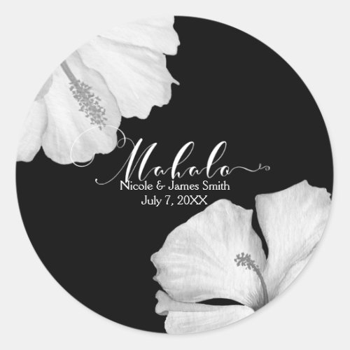 White Hibiscus Black Tropical Wedding Favor Mahalo Classic Round Sticker