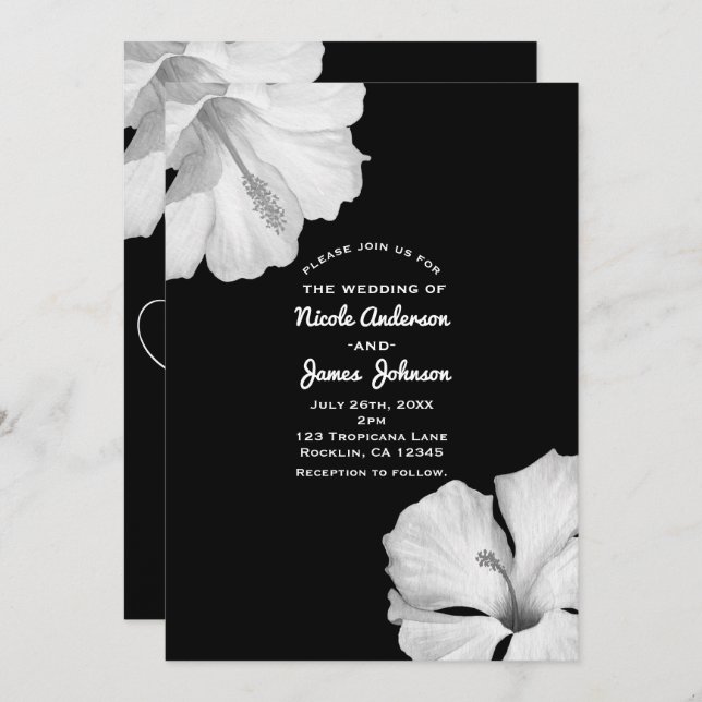 White Hibiscus Black Tropical Wedding Invitations (Front/Back)