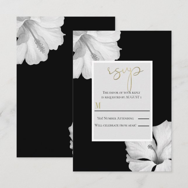 White Hibiscus Black Tropical Wedding RSVP Reply  Invitation (Front/Back)