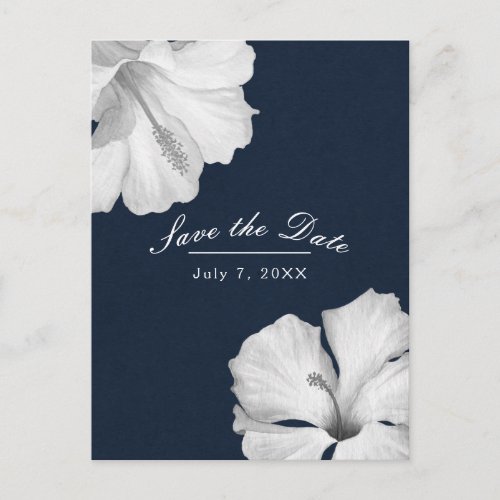 White Hibiscus Blue Tropical Save the Date Announcement Postcard