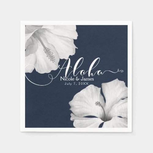 White Hibiscus Blue Tropical Wedding Aloha Napkins