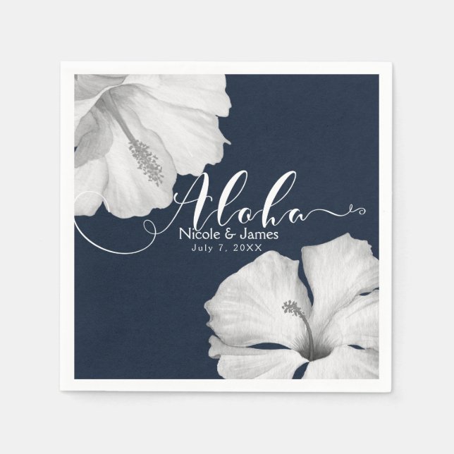 White Hibiscus Blue Tropical Wedding Aloha Napkins (Front)