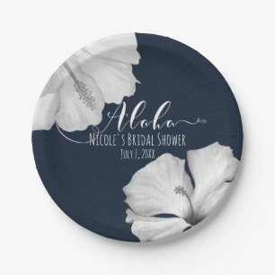 White Hibiscus Blue Tropical Wedding Aloha Paper Plates