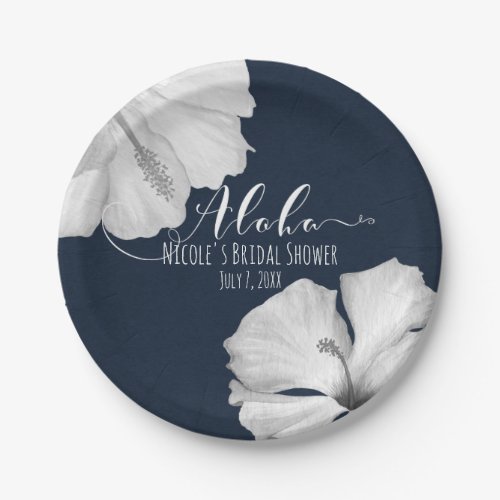 White Hibiscus Blue Tropical Wedding Aloha Paper Plates