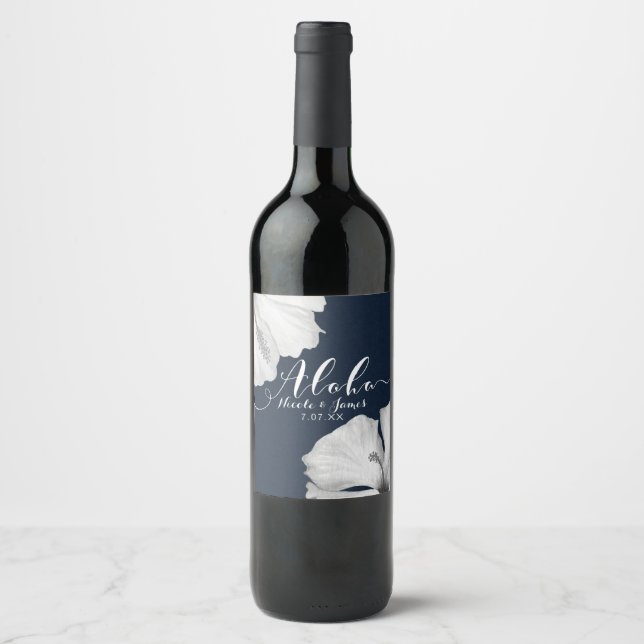White Hibiscus Blue Tropical Wedding Aloha Wine Label (Front)