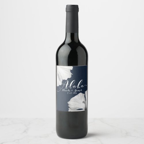 White Hibiscus Blue Tropical Wedding Aloha Wine Wine Label