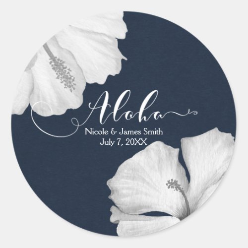 White Hibiscus Blue Tropical Wedding Favor Aloha Classic Round Sticker