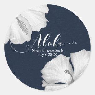 White Hibiscus Blue Tropical Wedding Favor Aloha Classic Round Sticker