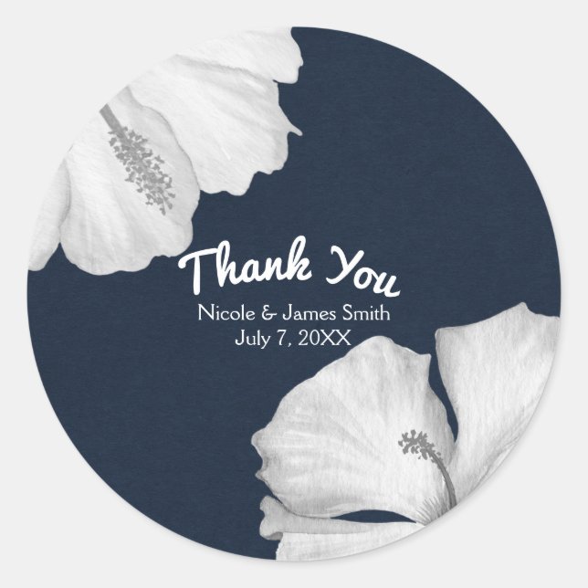 White Hibiscus Blue Tropical Wedding Favor Classic Round Sticker (Front)