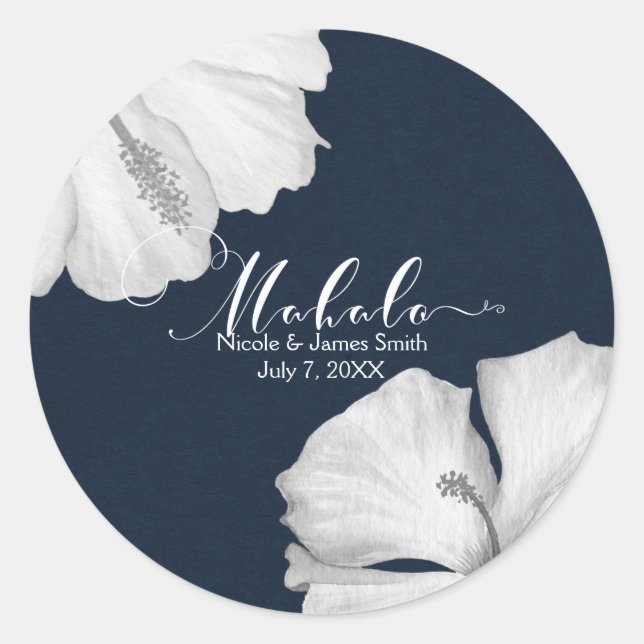 White Hibiscus Blue Tropical Wedding Favor Mahalo Classic Round Sticker (Front)