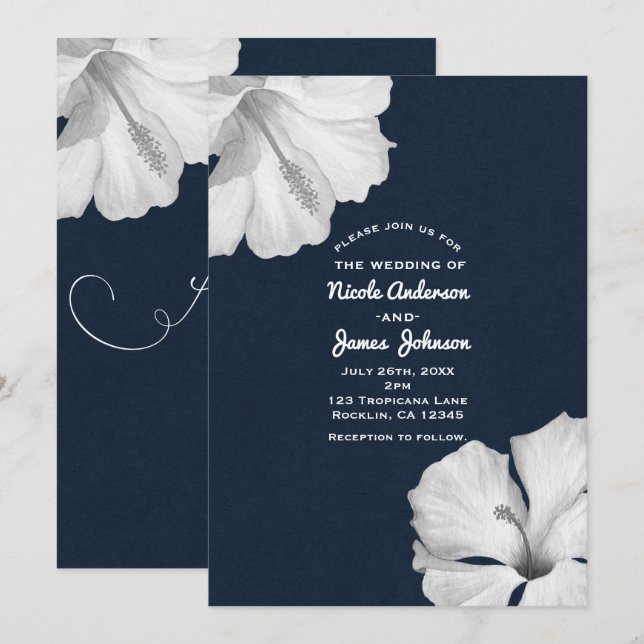 White Hibiscus Blue Tropical Wedding Invitations (Front/Back)