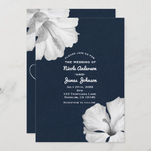 White Hibiscus Blue Tropical Wedding Invitations