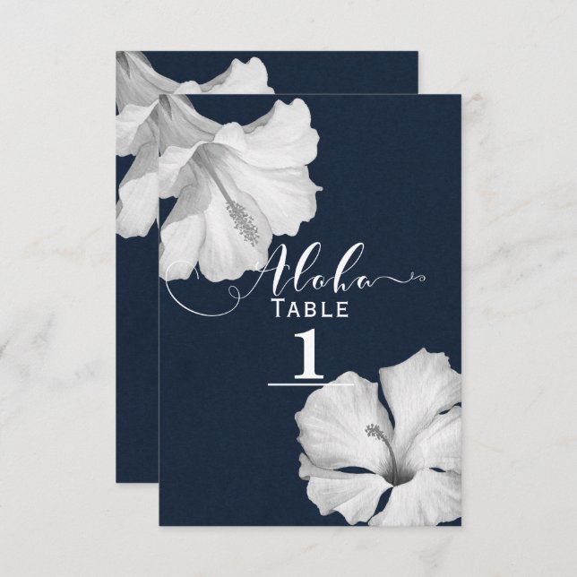 White Hibiscus Blue Tropical Wedding Table Number (Front/Back)