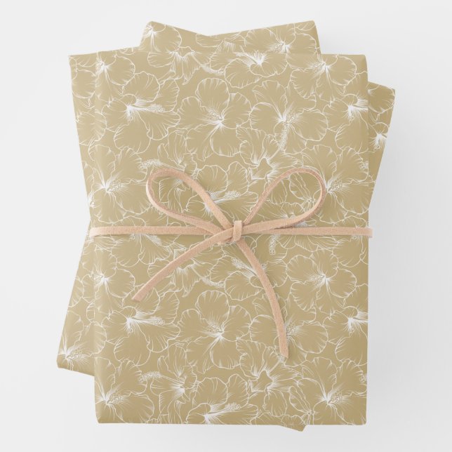 White Hibiscus Floral on Gold Wrapping Paper Sheets (In situ)