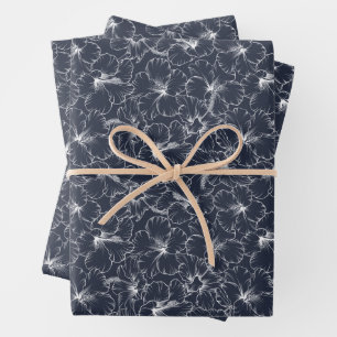 White Hibiscus Floral on Navy Blue Wrapping Paper Sheets