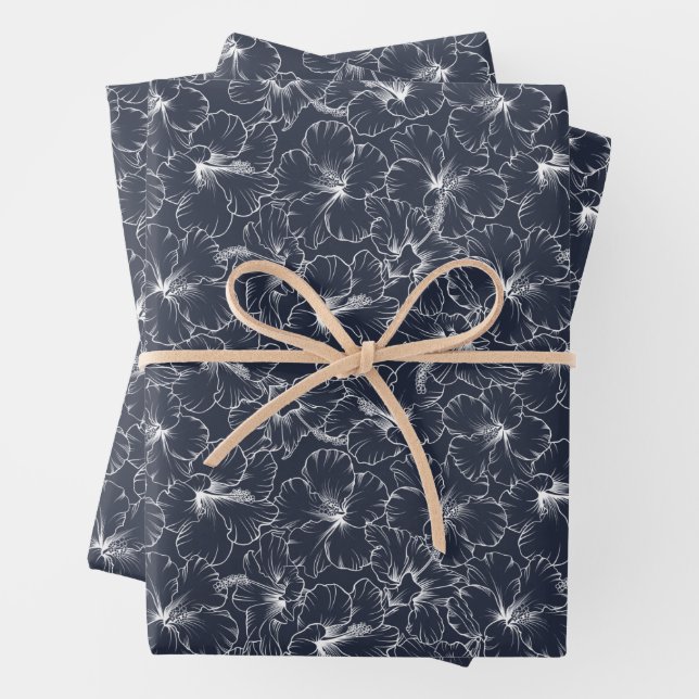 White Hibiscus Floral on Navy Blue Wrapping Paper Sheets (In situ)