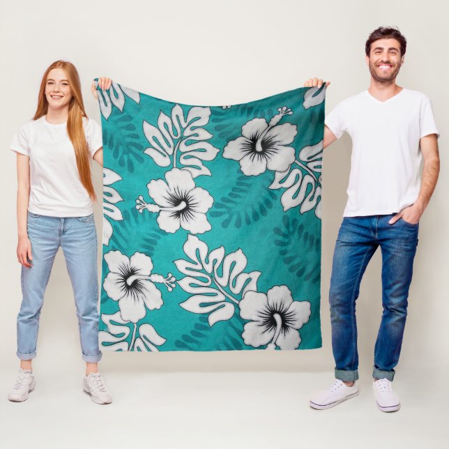 White Hibiscus Floral Pattern On Aqua Turquoise Fleece Blanket (In Situ)