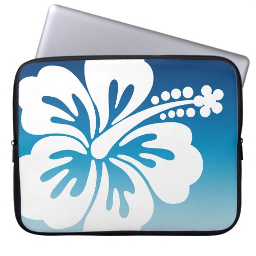 White Hibiscus Flower Ocean Blue Ombre Laptop Sleeve