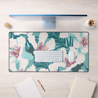 White Hibiscus Flower Tropical Greenery Desk Mat