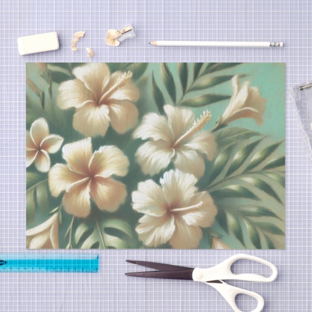 White Hibiscus Flowers Green Tropical Decoupage Tissue Paper (Craft)