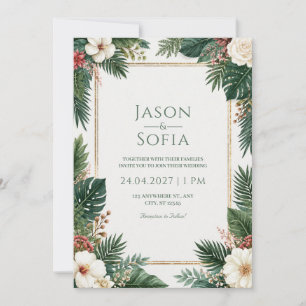 White Hibiscus Gilded Tropical Border Wedding Invitation