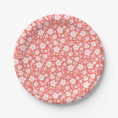 White Hibiscus on Coral Tropical Paper Plates