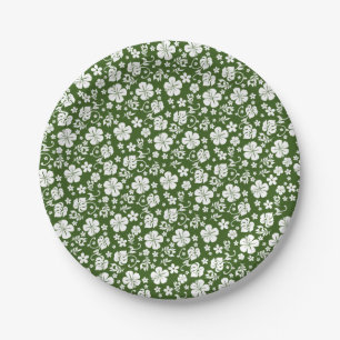 White Hibiscus on Green Tropical Paper Plates