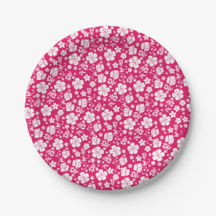 White Hibiscus on Hot Pink Tropical Hawaiian Paper Plates