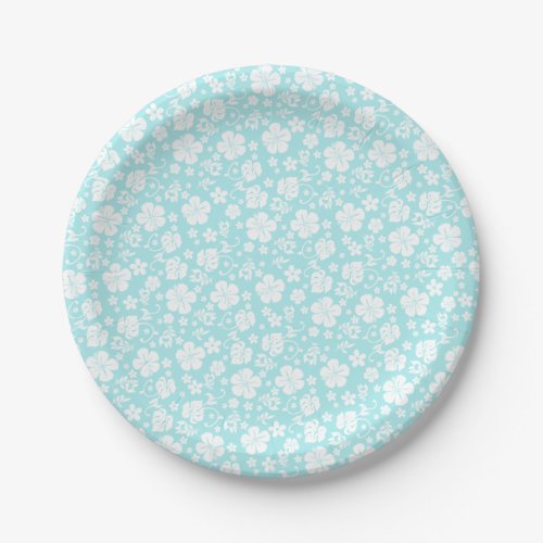 White Hibiscus on Light Aqua Tropical Paper Plates