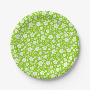 White Hibiscus on Lime Green Tropical Paper Plates