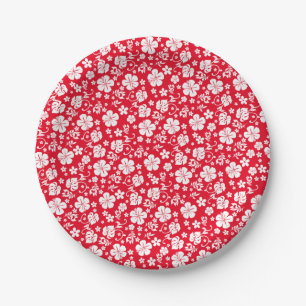 White Hibiscus on Red Tropical Paper Plates