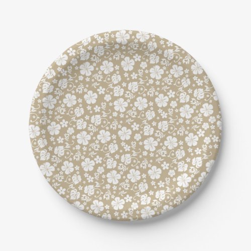 White Hibiscus on Taupe Tropical Paper Plates