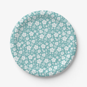 White Hibiscus on Teal Tropical Hawaiian Paper Plates