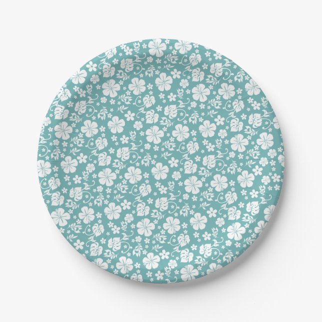 White Hibiscus on Teal Tropical Hawaiian Paper Plates (Front)