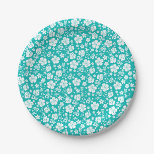 White Hibiscus on Turquoise Tropical Paper Plates