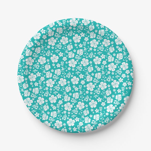 White Hibiscus on Turquoise Tropical Paper Plates (Front)
