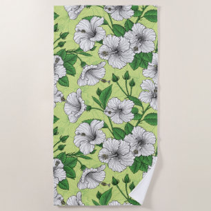 White Hibiscus Tropical Floral Pattern Beach Towel