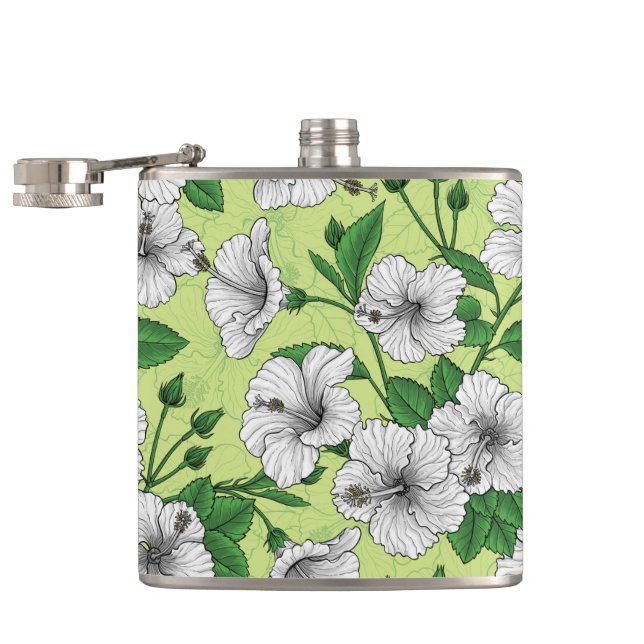 White Hibiscus Tropical Floral Pattern Flask (Opened)