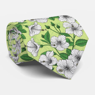 White Hibiscus Tropical Floral Pattern Neck Tie