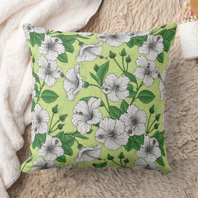 White Hibiscus Tropical Floral Pattern Throw Pillow (Blanket)