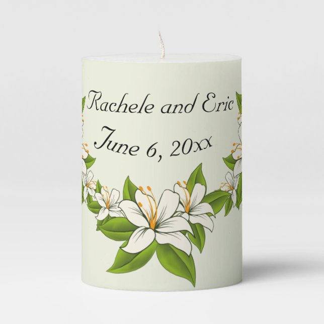 White Hibiscus Tropical Wedding Pillar Candle (Front)